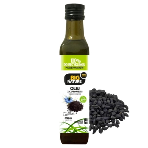 Big Nature olej z czarnuszki 250 ml tłoczony na zimno w butelce z zieloną etykietą obok ziaren czarnuszki