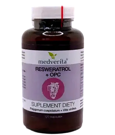 ciemna butelka suplementu Resveratrol + OPC Medverita, 120 kapsułek, jasna etykieta, widok z przodu