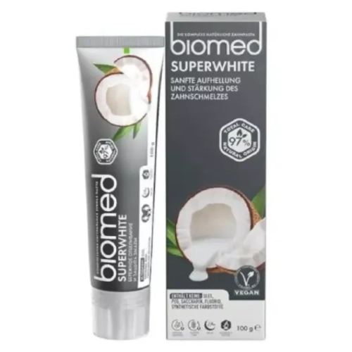 Opakowanie pasty Biomed Superwhite z naturalnymi składnikami roślinnymi